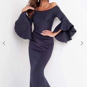 Black Jovani Off Shoulder Bell Sleeve Draping Mermaid Gown, Size 16